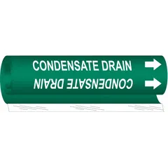 Green wrap-around pipe marker with white legend reading 'Condensate Drain' and directional arrows. Fits pipe outer diameters from 1/2 to 1-3/8 inches. Used to identify condensate drain lines in industrial piping systems for clear labeling during operation and maintenance.