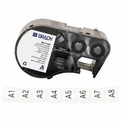 Precut label roll cartridge, 1/2 in x 1/2 in, polyester, black on white. Halogen-free material. Compatible with BMP51 printer series. Used for cable marking, component labeling, and asset tagging.