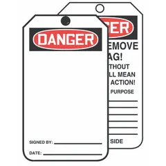 White single-part danger pre-printed header tags, #7 size, supplied in a 250-pack. The legend is printed on one side only. Fasteners are not included. Used for safety identification and hazard communication in industrial facilities, such as marking equipment, pipes, or areas requiring caution.