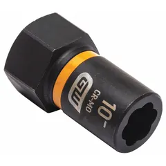 This 3/8" drive bolt extraction impact socket is designed for removing damaged or rounded-off bolts. It features a 7-point standard configuration and a black oxide finish. The 10 mm socket size is suitable for automotive and industrial maintenance tasks where standard sockets may slip.
