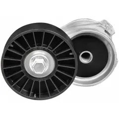 Self-adjusting belt tensioner with one pulley, 3 1/2 in outside diameter. Maintains proper tension in automotive serpentine or accessory belt drive systems, compensating for belt stretch and wear.