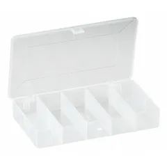 Clear plastic compartmented box with 7 fixed compartments, each 1 in x 1 in. Overall dimensions 6 1/2 in x 3 3/4 in x 1 1/8 in. Not electrostatic discharge conductive. Suitable for organizing small parts such as hardware, craft supplies, or electronic components in workshops, labs, and assembly areas.