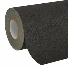 Solid black rubber continuous roll antislip tape with very coarse 24-grit surface for heavy traffic areas. Pressure-sensitive adhesive provides secure bonding to clean surfaces. Suitable for indoor and outdoor use in oily and muddy environments. Meets ADA requirements.