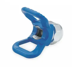 This blue airless spray gun tip guard is designed for use with RAC x SwitchTip series tips. It protects the spray tip during operation and helps prevent accidental contact with the spray stream. Suitable for airless painting applications.