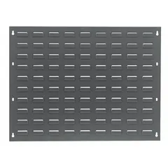 This wall-mount louvered panel provides a mounting surface for compatible storage accessories such as hooks, bins, and shelves. It measures 21 inches wide by 27 inches high by 1/4 inch thick, with a gray baked enamel finish. The panel features louvered slots on one side and is designed for organizing tools and parts in workshops, garages, and industrial facilities.