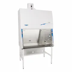 This Class II, Type B2 biosafety cabinet provides product and personnel protection for work with moderate-risk biological agents. Constructed with stainless steel, it has an overall width of 54 3/8 inches and depth of 32 inches. Blower not included. Suitable for applications requiring HEPA-filtered exhaust to the outside with no recirculation.