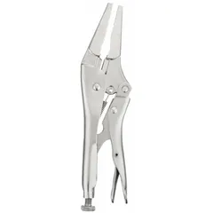 These 9-inch long-nose locking pliers feature a quick-release mechanism for fast adjustment and release. With a 2 3/4-inch maximum jaw opening and 2 1/4-inch jaw length, they are suited for gripping and clamping tasks requiring extended reach in confined spaces.