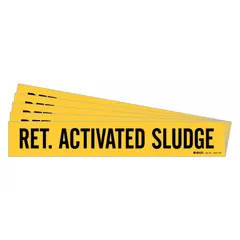 Yellow adhesive pipe marker with black legend reading 'Return Activated Sludge', designed for pipes with outside diameter of 8 inches and larger. Sold in a 5-pack without directional arrows. Used to identify pipes carrying return activated sludge in wastewater treatment and industrial piping systems.