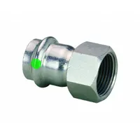 Straight adapter fitting with press-fit connection on one end and female NPT threads on the other. Used to transition from 1-1/2 in CTS stainless steel press tube to 1-1/2 in threaded pipe in potable water systems. Suitable for commercial and industrial plumbing applications requiring a leak-free press-fit to threaded connection