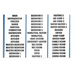 Vinyl cloth label sheets with black legends on white background. Contains 450 labels with assorted load center and residential legends. Used for identifying wires in electrical panels and load centers.