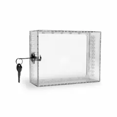 Single-wall thermostat guard with clear snap-on cover and ring base. Inside dimensions 5-1/2 in H x 7-1/4 in W x 2-5/8 in D; outside dimensions 5-1/2 in H x 7-1/4 in W x 2-1/2 in D. Includes lock and key. Used to protect wall-mounted thermostats from tampering and accidental adjustments in commercial or industrial environments.