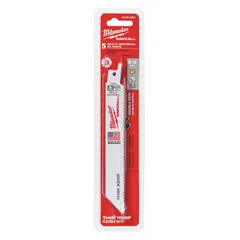 General purpose reciprocating saw blade for straight cuts in wood, metal, and plastic. Pack of 5 blades, each 6 inches long and 0.05 inches thick. Suitable for demolition, plumbing, and electrical applications.
