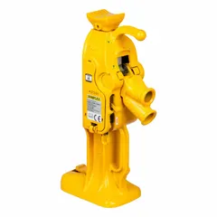 Mechanical ratchet jack with manual handle operation. Steel body. 5-ton load capacity. 17-inch minimum lift. Suitable for lifting heavy loads in industrial maintenance, construction, and rigging applications.