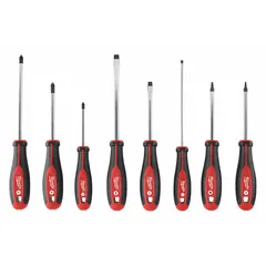 General-purpose screwdriver set with 8 pieces, each featuring a magnetized tip for secure fastener engagement. The tether-ready design allows attachment to a lanyard, reducing the risk of drops when working at height. Overall length of 13 3/4 inches. Suitable for driving and removing fasteners in maintenance, construction, and assembly tasks.