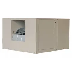 Single-inlet residential ducted evaporative cooler with 3/4 hp motor, 115V AC operation, and 12 in pad thickness. Measures 28 in x 42 in x 49 in. Includes drive package (assembly required). Suitable for cooling spaces such as homes, workshops, and warehouses in dry climates.