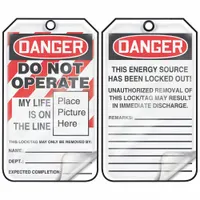 This ACCUFORM Danger Do Not Operate tag is made of RP-Plastic and features a write-on surface for custom warnings. The pre-printed English text clearly indicates a hazardous condition. It is used in lockout/tagout procedures to prevent accidental equipment operation during maintenance