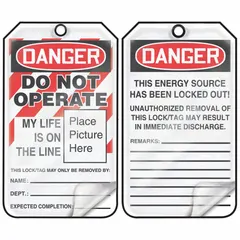 This ACCUFORM Danger Do Not Operate tag is made of RP-Plastic and features a write-on surface for custom warnings. The pre-printed English text clearly indicates a hazardous condition. It is used in lockout/tagout procedures to prevent accidental equipment operation during maintenance.
