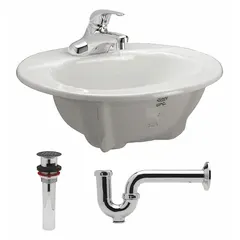 This ZURN countertop bathroom sink is made of white vitreous china and includes a faucet with lever handle. It measures 20 1/2 inches in overall length and 17 1/4 inches in overall width. Suitable for residential or commercial washroom installations where a compact sink is required.
