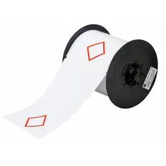 Red vinyl precut label roll with GHS/CLP 1-diamond hazard symbol, no legend. Measures 4 9/64 in x 6 7/64 in with 4 9/64 in width. Acrylic adhesive for durable bonding. Compatible with i5300 printer series. Used for chemical container labeling in industrial facilities.