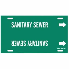 This strap-on pipe marker identifies sanitary sewer lines. It features a green background with white legend text and directional arrows. Designed to fit pipe outer diameters of 10 to 15 inches, it is suitable for use in industrial and municipal piping systems where clear identification of pipe contents and flow direction is required.
