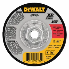 Type 1 abrasive cut-off wheel for carbon and stainless steel. Ceramic grain with 46 grit reduces heat buildup during cutting. Dimensions: 4-1/2" diameter, 0.045" thickness, 5/8"-11 arbor. Suitable for metal fabrication, construction, and maintenance tasks.