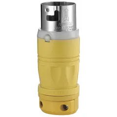 This LEVITON locking plug is a non-NEMA configuration rated for 125/250V AC and 50 A. It features 3 poles and 4 blades in a white and yellow housing. Designed for general-purpose industrial power connections, it provides a secure, lockable connection for heavy-duty equipment or temporary power distribution.