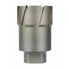 This MILWAUKEE annular cutter features a 2 9/16 in diameter and 2 in max cutting depth, with a bright finish and carbide-tipped alternate-tooth design. Includes a pilot pin for alignment. Used with magnetic drill presses for cutting precise holes in metal, such as structural steel and plate.