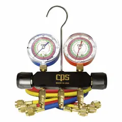 Analog manifold gauge set with two 2 1/2-inch gauges and three hoses featuring SAE connections. Designed for use with R-410A refrigerant, also compatible with R-22 and R-404A. Used for measuring pressure and charging HVACR systems.