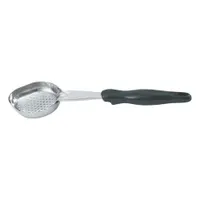 This stainless steel serving spoon has a 3 oz capacity and 13 1/2 in overall length. It is NSF Certified and finished in black. Suitable for portioning and serving soups, stews, sauces, and other liquid or semi-liquid foods in commercial food service settings