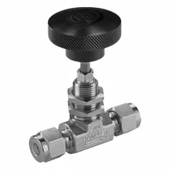 This HAM-LET needle valve features a 316 stainless steel straight body with integral bonnet and Let-Lok connections on both sides. It is equipped with a plastic knob handle and a V-stem for precise flow control of liquid media. The valve complies with ISO 15848-1 standards for fugitive emission control, suitable for shut-off and regulation in industrial piping systems.
