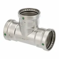 This VIEGA PROPRESS crimp tee fitting is used to create a branch connection in potable water stainless steel piping systems. It joins three 3 in CTS pipes, providing a leak-free joint for commercial and industrial water supply lines. The fitting features a rubber seal and is designed for use with Viega press tools