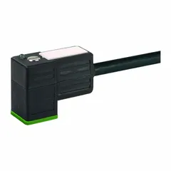 Single-ended cordset with DIN Form CI female right-angle connector and bare wire termination. Features 3 pins, 18 AWG wire, 5-meter black PVC cable, and IP67 rating. Used for solenoid valve connections in industrial automation and pneumatic systems.