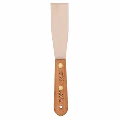 Standard scraper with a stiff, straight blade made of nickel copper and a half-length wood handle. Designed for scraping applications such as removing putty, paint, or adhesives from surfaces in construction and maintenance tasks.