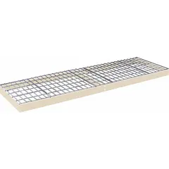 Steel wire decking shelf kit for boltless shelving systems. Includes center support. Frame and decking are powder-coated steel in tan. 4 ga decking with 600 lb load capacity. Single straight configuration.
