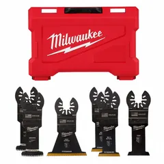 This set includes six straight blades with a universal open-back OIS connection, compatible with oscillating tools from MILWAUKEE and Rockwell. It contains one 1-3/8" HCS wood blade. Typical applications include cutting wood, drywall, and other materials in demolition, remodeling, and general construction.