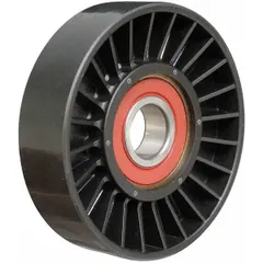 Light-duty serpentine idler pulley with flat, flangeless polymer construction. Guides and tensions serpentine belts in vehicle accessory drive systems. Flangeless design reduces belt wear and noise.
