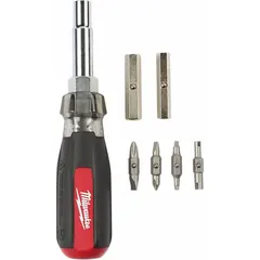 This combination multi-bit screw and nut driver includes Phillips #1 and #2, slotted 3/16 in and 4 mm, and square SQ1 and SQ2 tip sizes. It is used for general fastening tasks in assembly, maintenance, and repair work where multiple bit types are required.