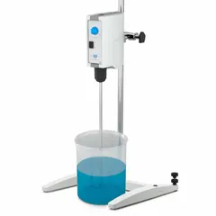 This low-torque overhead stirrer handles viscosities up to 25,000 cps with a maximum torque of 40 N-cm and variable speed up to 2,000 RPM. It operates on 110/230V and weighs 5 lb. Suitable for mixing paints, inks, adhesives, and chemical solutions in laboratory and industrial settings.