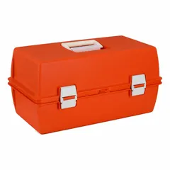 This medical hard sided case is constructed from orange copolymer resin and features heavy duty trays with a latch closure. It is designed for organized storage and transport of first aid supplies in industrial, commercial, or field environments.