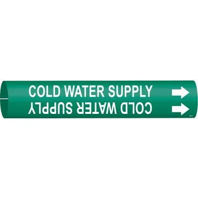 BRADY Pipe Marker: Cold Water Supply, Green, White, Fits 2 1/2 to 3 7/8 in Pipe O.D. - Cold Water Supply Snap-On Pipe Markers