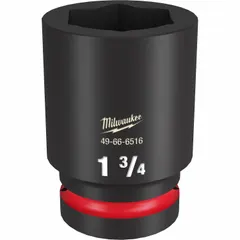 SAE deep impact socket with 1" drive and 1-3/4" hex size. 6-point design and friction retention for secure fit on impact tools. Black phosphate finish. Used for heavy-duty fastening and loosening of nuts and bolts in industrial maintenance, construction, and automotive repair.