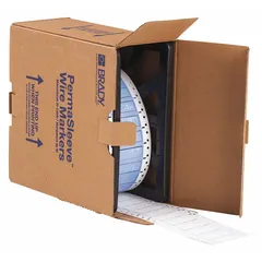 Polyolefin precut sleeve label roll in white matte finish. Each label measures 3/8 in x 2 in and accommodates wire gauges from 4 AWG to 12 AWG. Compatible with the i5100 printer series for on-demand printing. Used for wire and cable identification in industrial electrical applications such as panel building and maintenance.