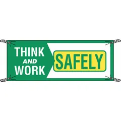 This polyethylene banner is printed on one side and rated for indoor or outdoor use. With a nominal size of 48 in x 120 in, it is suitable for displaying safety messages in industrial facilities, warehouses, or construction sites.