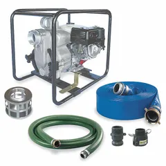 This emergency-response engine-driven trash pump kit features a 3 in inlet and outlet, a ductile iron volute, and a recoil-start ignition. It delivers 324 gpm flow rate at 20 ft of head and includes a 3 in strainer. Typical applications include dewatering and removal of debris-laden water in construction, flood control, and municipal settings.