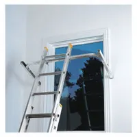 Aluminum cross-bar stabilizer designed for extension ladders. Provides a wider base to reduce ladder movement during tasks such as painting, gutter cleaning, or roofing. Overall length 22 inches. Compatible with extension ladders