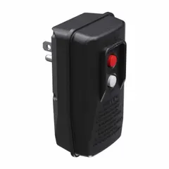This plug-in GFCI provides ground fault circuit interruption for portable power applications. It features a manual reset, 5-15P NEMA plug, and a non-NEMA receptacle. Rated 15 A at 125V AC, the black housing is suited for temporary power needs in industrial and commercial environments.