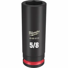 This 3/8" drive impact socket is SAE, 5/8" size, with a 6-point deep design and friction retention. It is intended for use with impact tools to fasten or loosen nuts and bolts, particularly in applications requiring access to recessed fasteners.