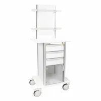 This medical procedure cart from MARKETLAB features an aluminum frame with a white cabinet and white drawer. It is equipped with two swivel casters and two swivel casters with brakes for mobility and stability. Commonly used in healthcare settings to organize and transport instruments, supplies, and equipment during patient procedures