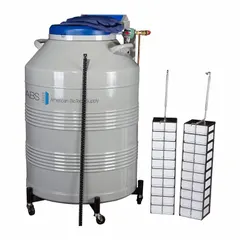 Cryogenic storage system constructed of stainless steel with an overall height of 39 in and overall diameter of 26 7/8 in. Includes fiberboard boxes available in 25-cell, 81-cell, 100-cell, or custom configurations. Used for long-term preservation of biological samples at cryogenic temperatures in laboratory and research settings.