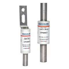 Cable-to-bolt limiter fuse for 500 kcmil copper conductors rated 600 V AC. Features a tube-to-offset bolt connector type. Used in power distribution and feeder protection to limit fault current in cable runs.